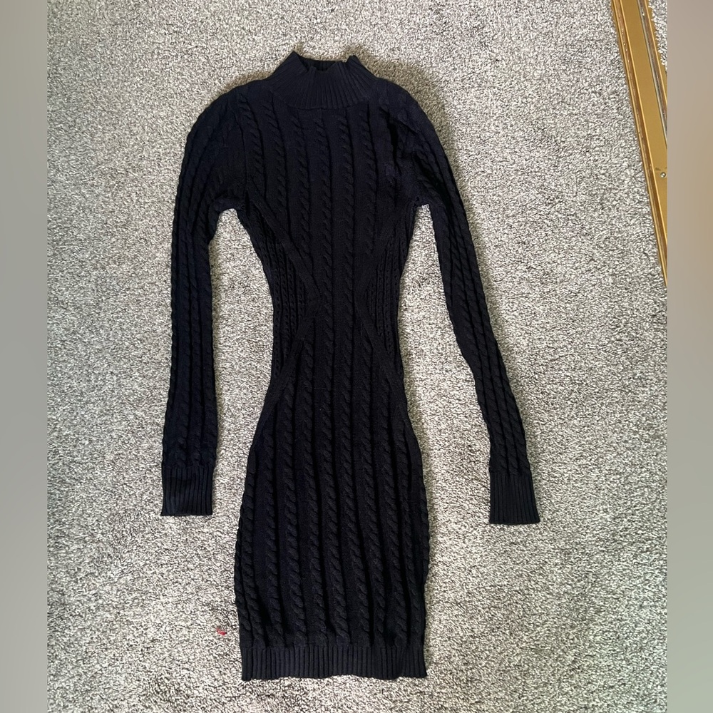 Miss Lola Black Ribbed Long Sleeve Mock Neck Dress
